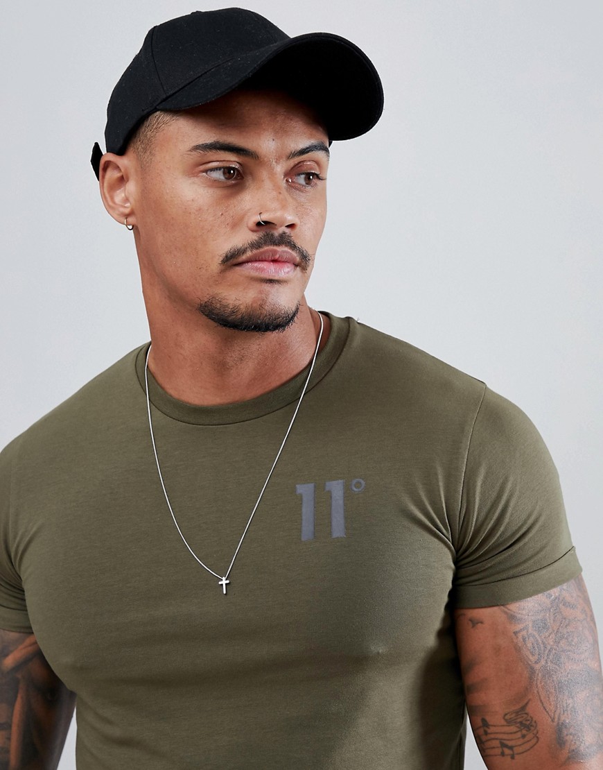 11 Degrees muscle fit t-shirt in khaki with logo