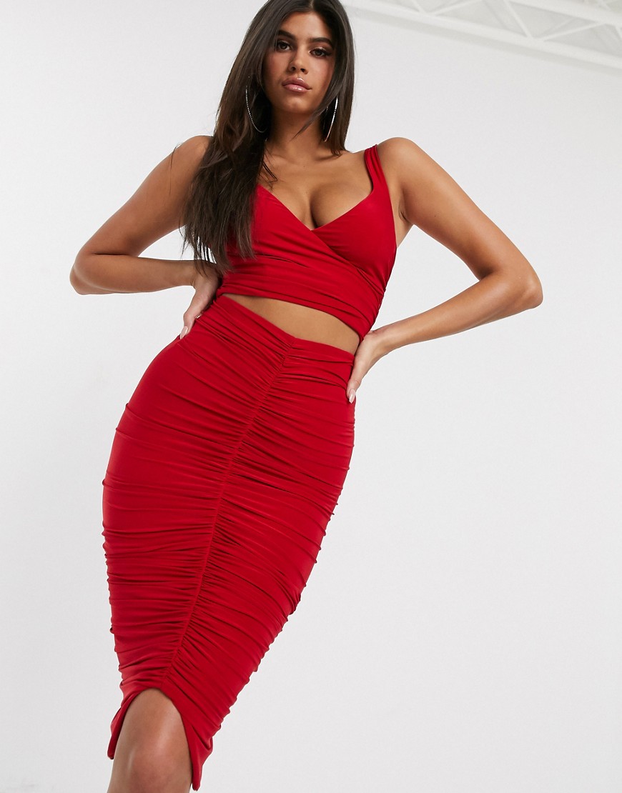 Club L London ruched front midi skirt in red