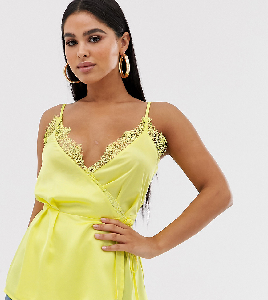 Missguided Petite Exclusive satin wrap cami top with lace trims