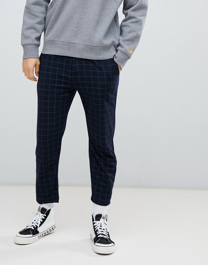 Bershka check trousers in navy with elastic waist - Navy