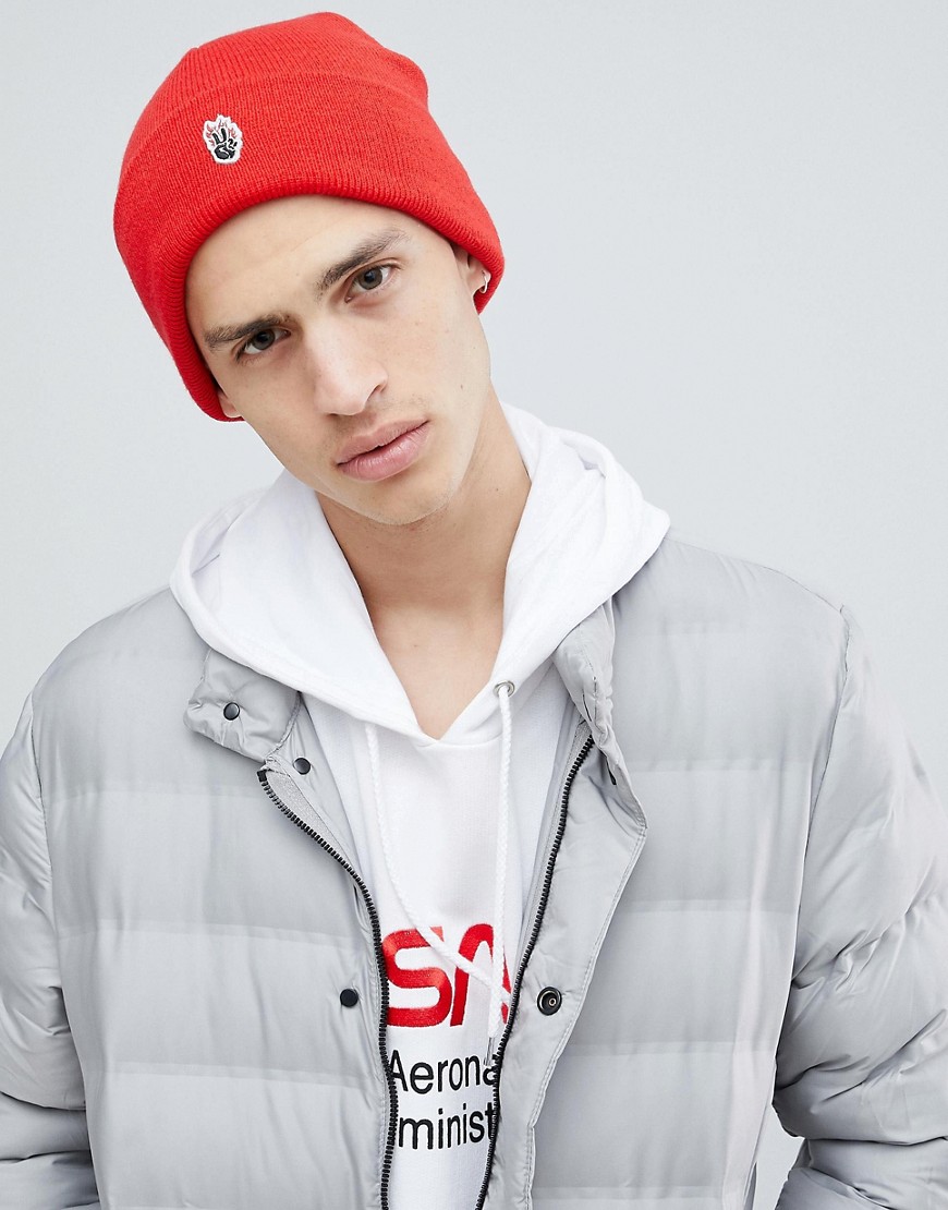 Globe Knitted Beanie with Patch Front Detail in Red