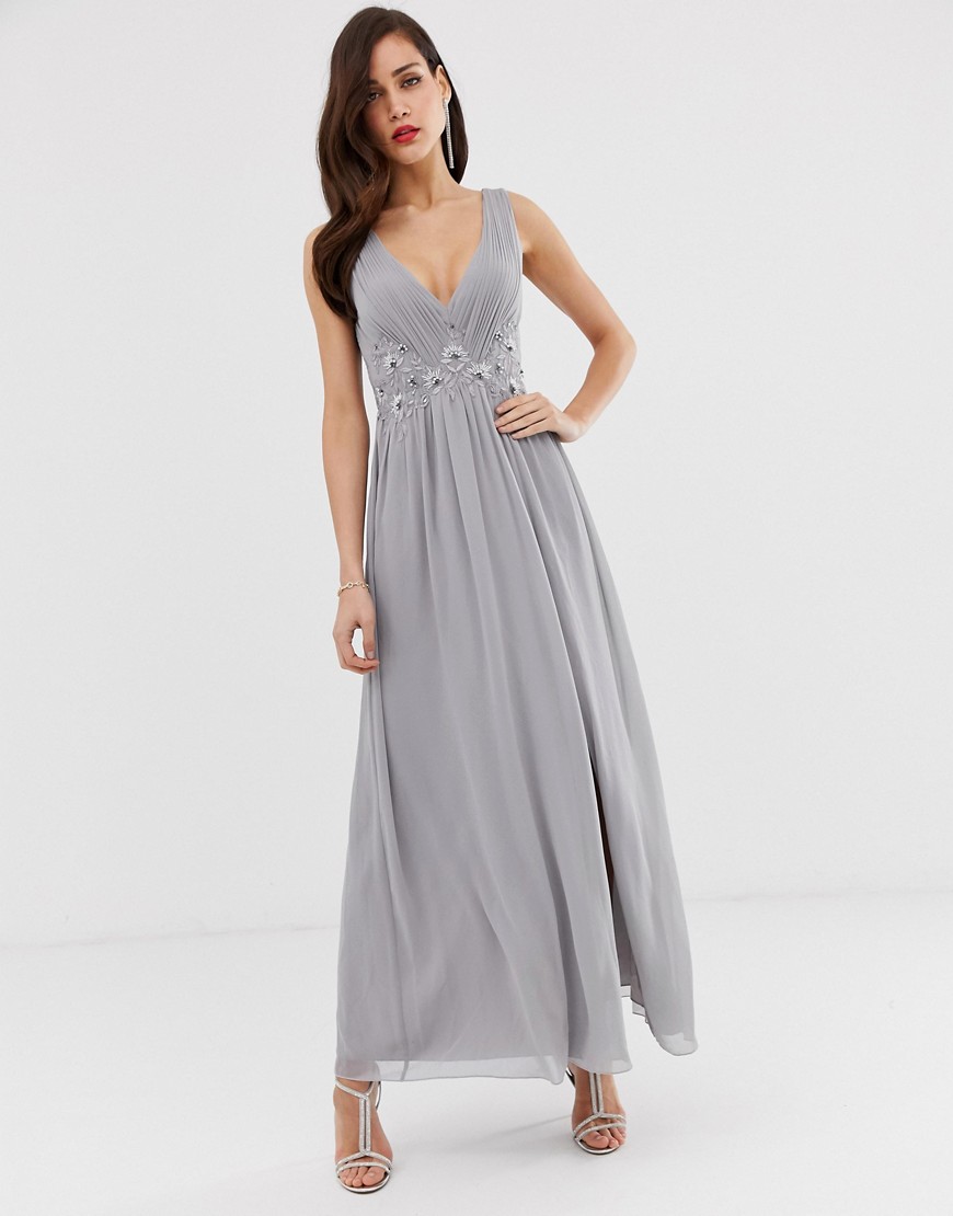 Little Mistress tulle maxi dress with side split and lace detail