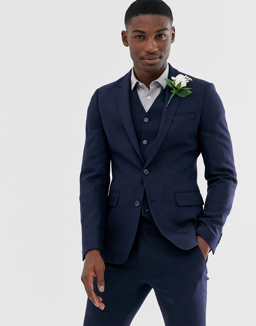Asos Design Plus Wedding Super Skinny Suit Jacket In Blue Wool Blend Mini Check In Navy