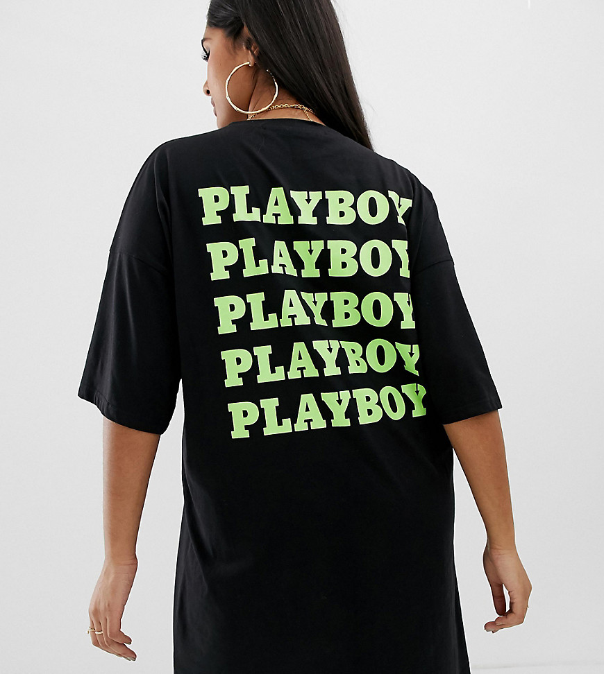 Missguided Plus playboy back sloagn t-shirt dress in black