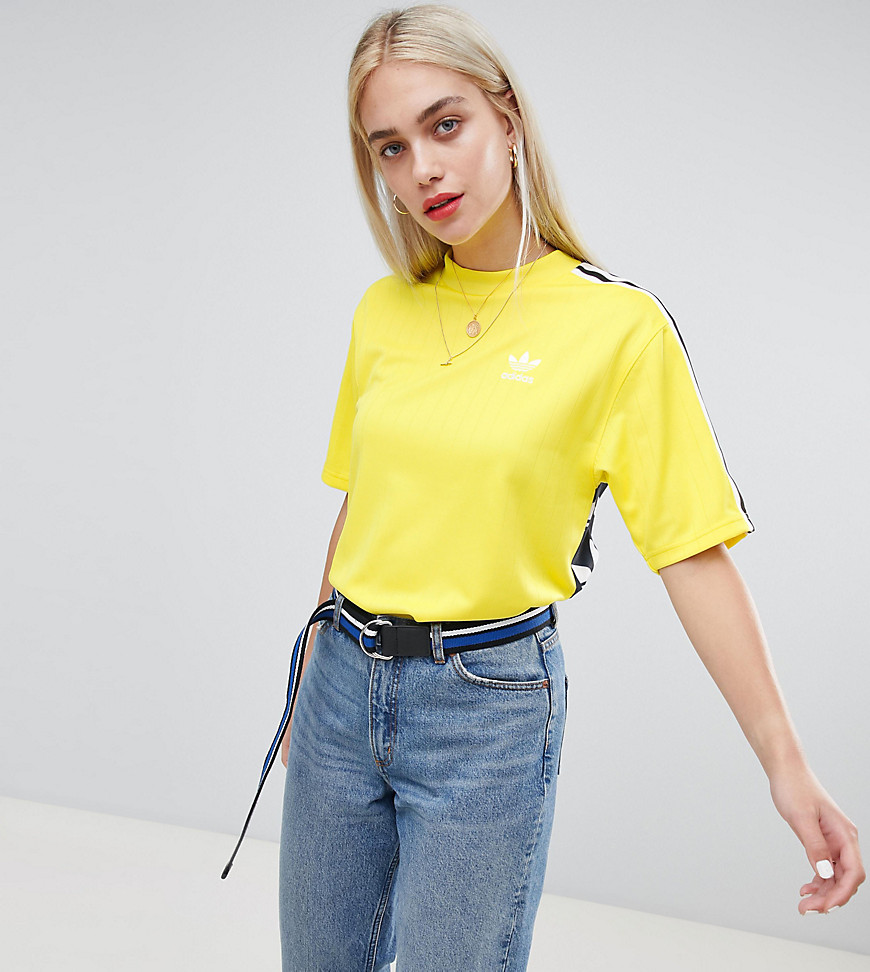 adidas Originals Three Stripe T-Shirt In Yellow With Logo Print Back