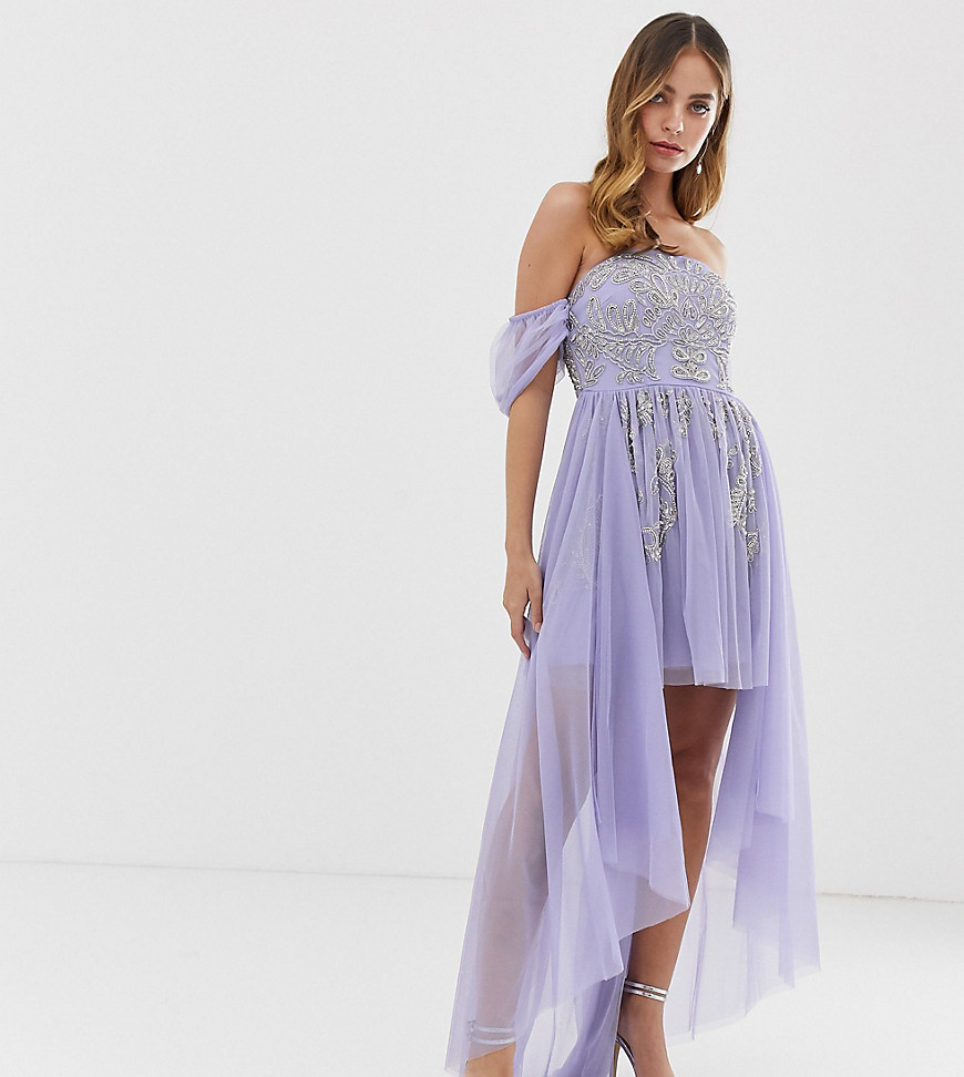 Dolly & Delicious Petite off shoulder mini embellished prom dress with train detail in lilac