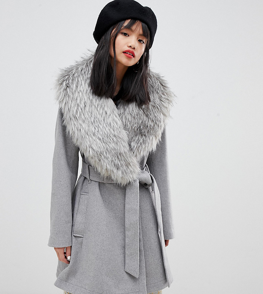 Lost Ink Petite belted coat with faux fur collar