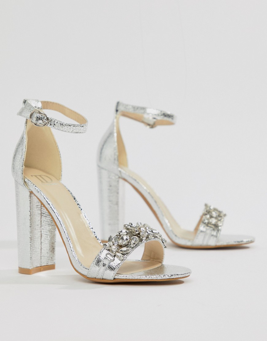 True Decadence Silver Embellished Block Heeled Sandals - Silver
