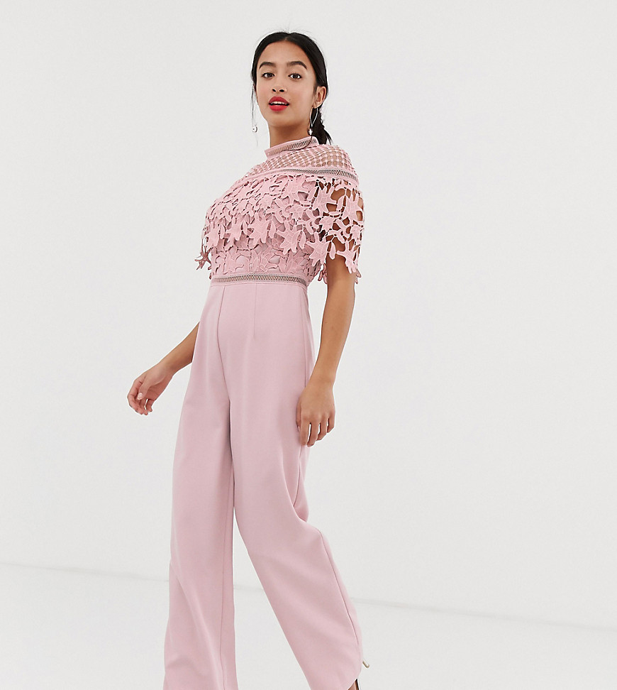 Chi Chi London Petite high neck lace top jumpsuit in pink
