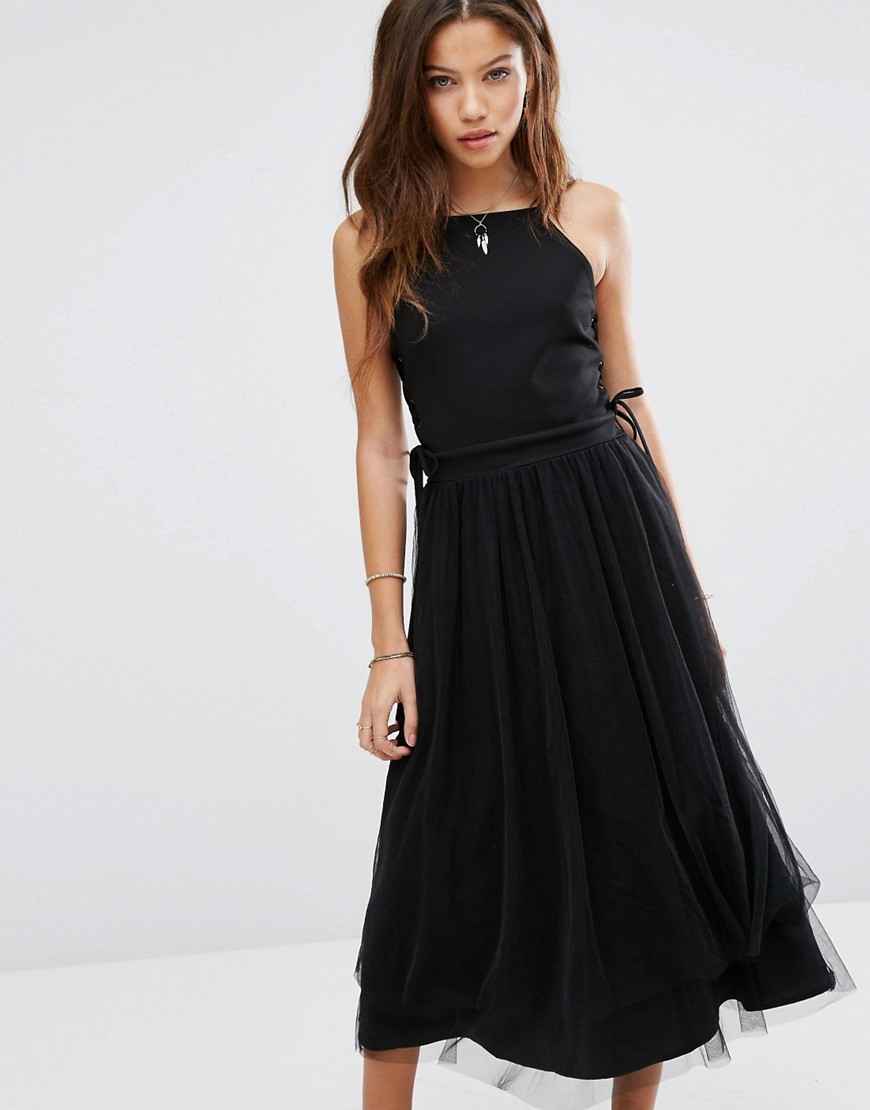 Moon River Side Lace Up Detail Tulle Dress - Black