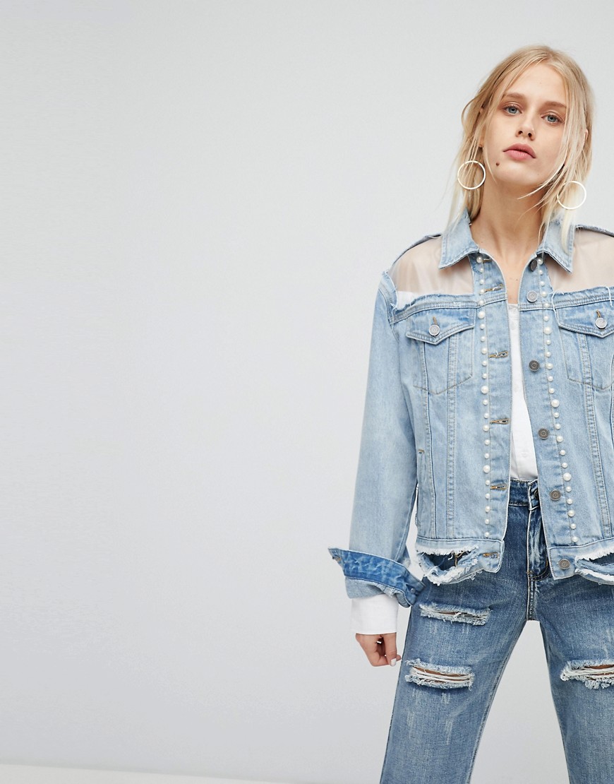 Current Air Distressed Girlfriend Fit Denim Jacket with Mesh and Pearl Detail - Lightwash blue