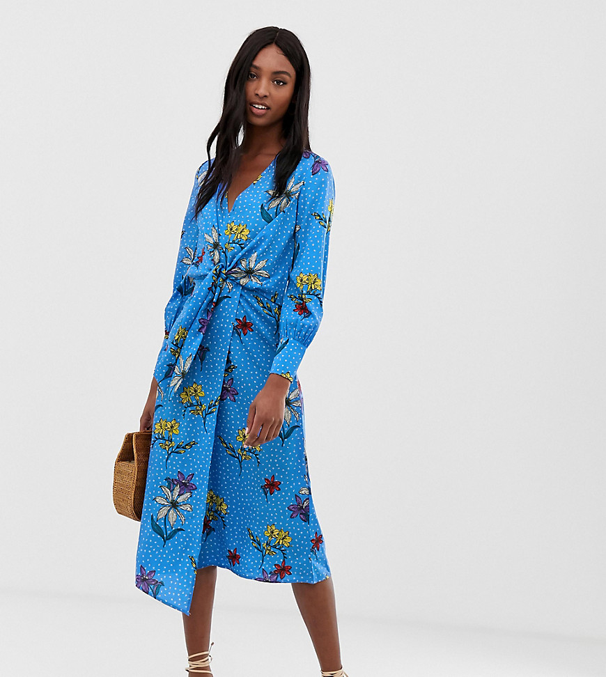 Influence Tall knot asymmetric wrap front floral midi dress in blue