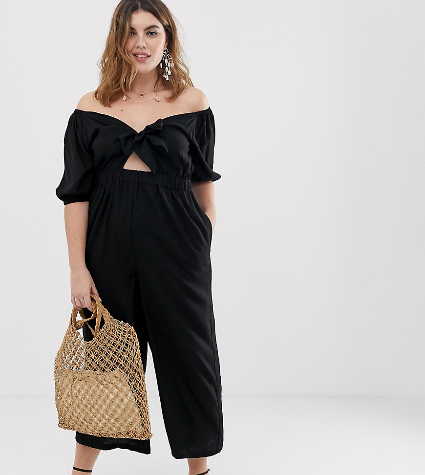 ASOS DESIGN Curve tea jumpsuit with puff sleeve and tie detail