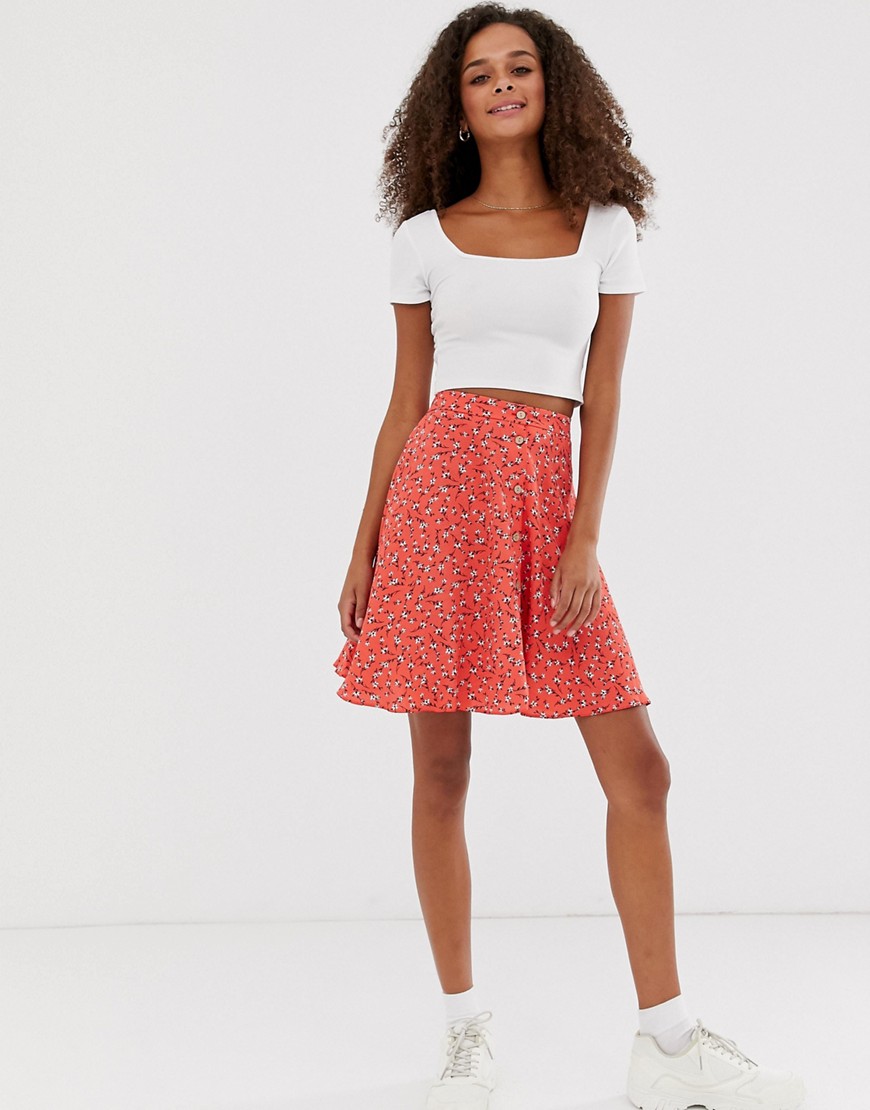 New Look ruffle wrap mini skirt in red floral ditsy print
