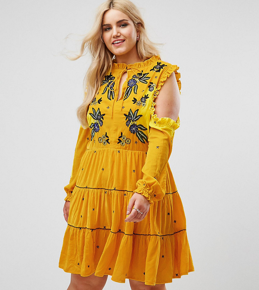 Frock And Frill Plus Cold Shoulder Velvet Smock Dress With Floral Embroidery