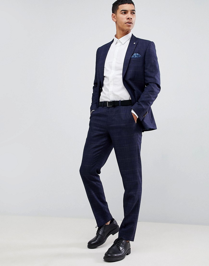 Burton Menswear wedding slim fit check suit trousers in navy