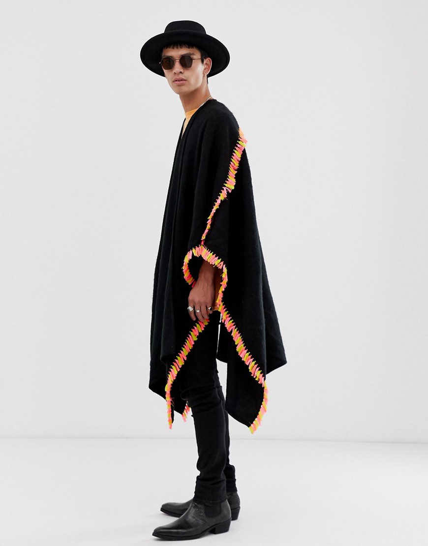 Asos Design Cape In Black With Neon Colored Tassels