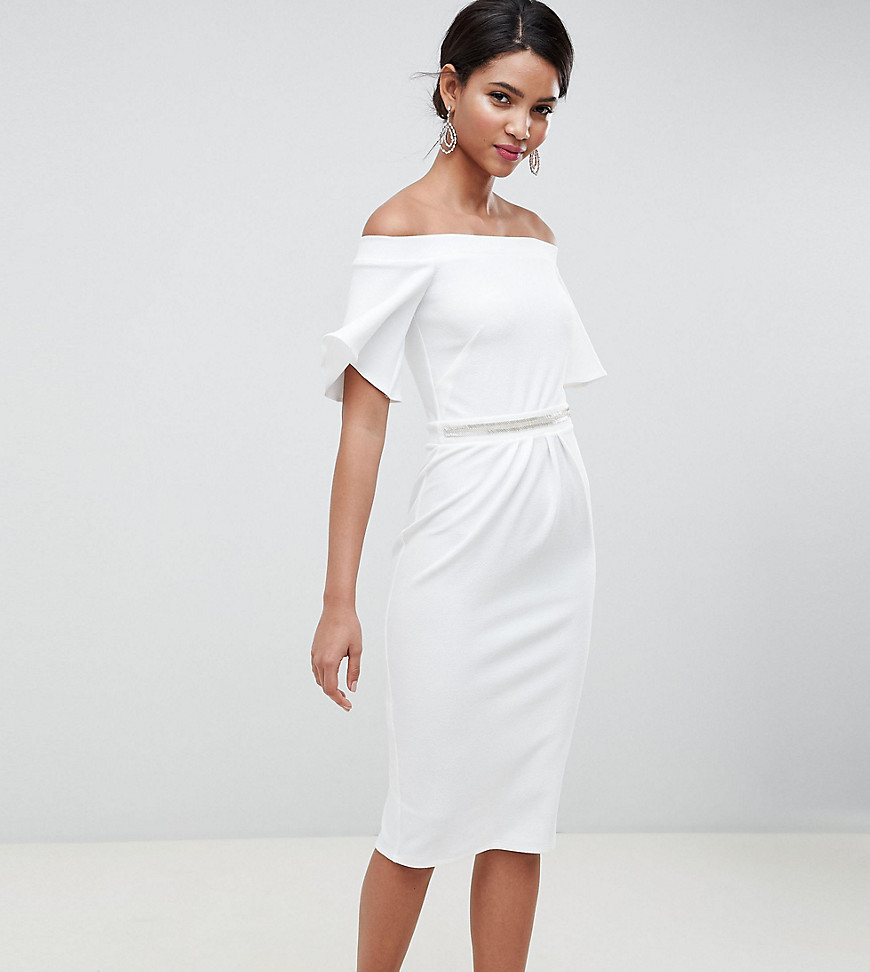 Silver Bloom bandeau midi dress with fluted sleeve and embellished waist in ivory