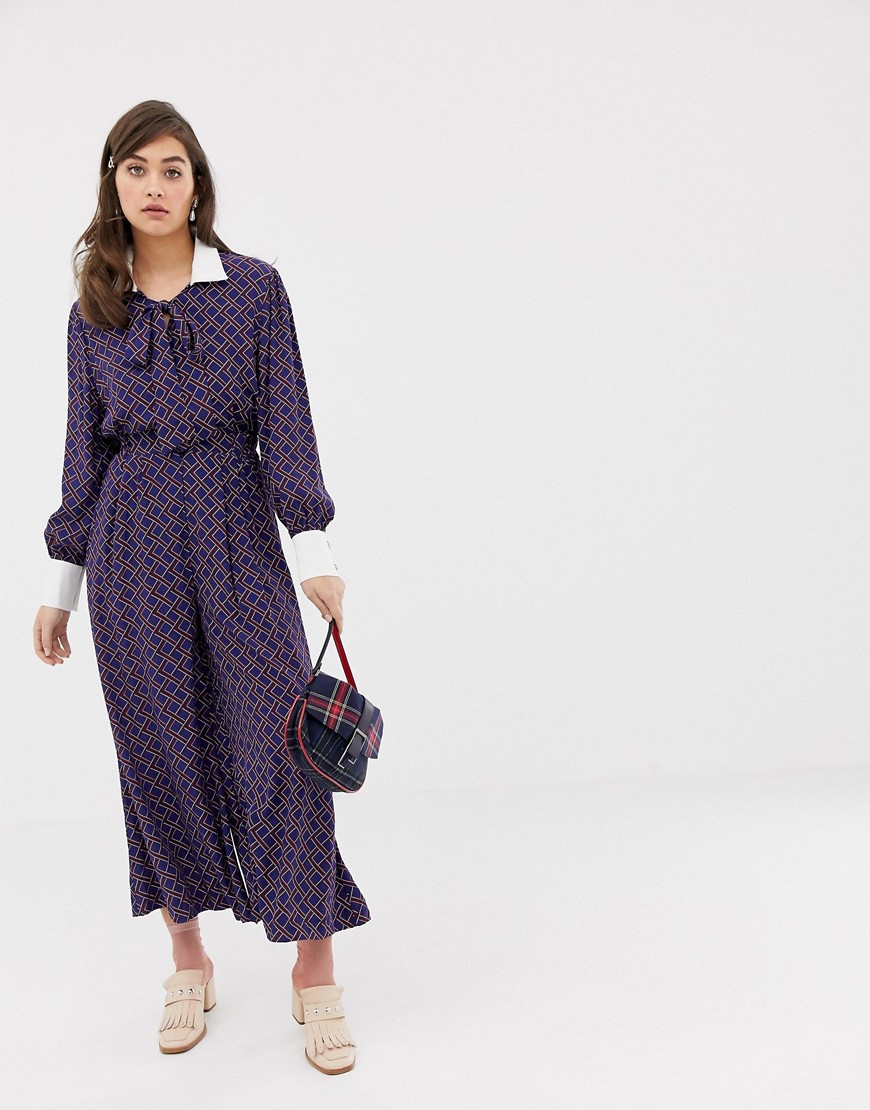 Sister Jane wide leg tea jumpsuit with pussybow in grid print