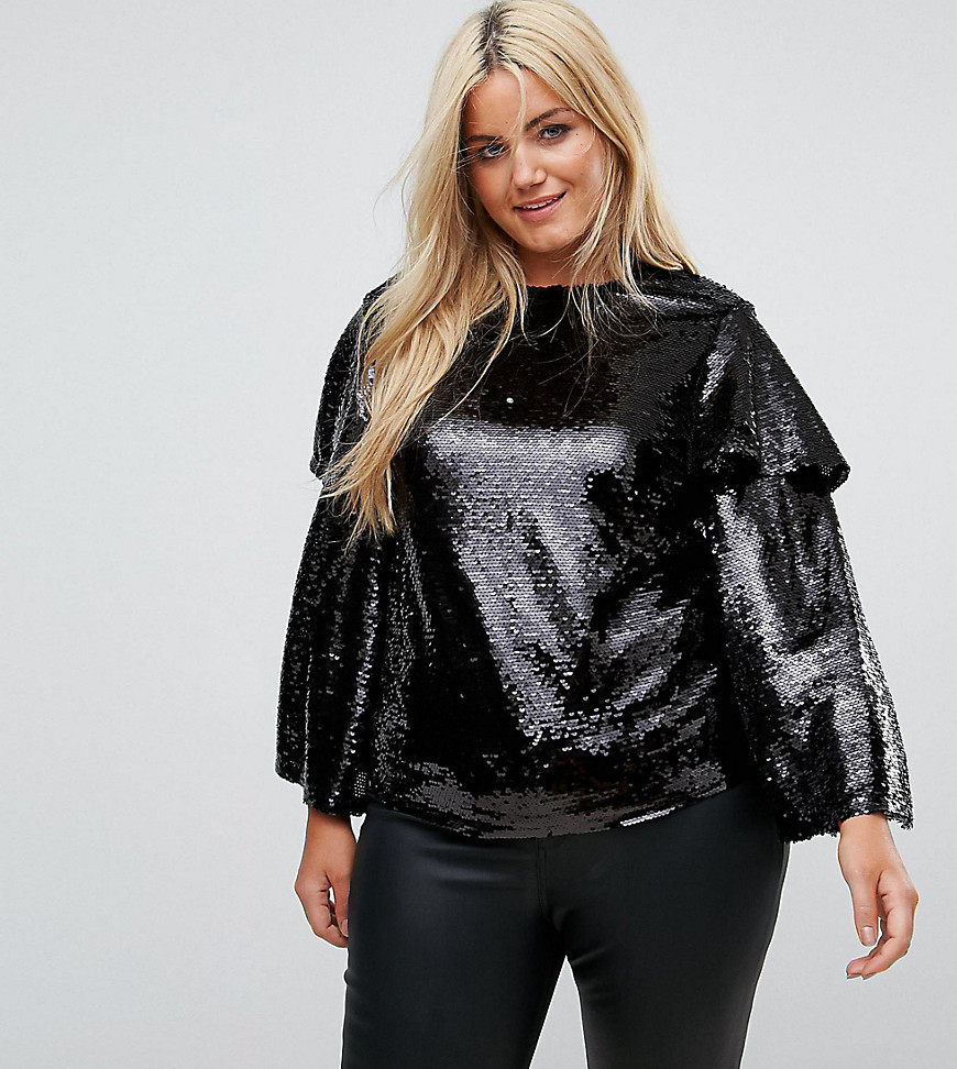 Fashion Union Plus Blouse Sequin Top With Ruffle Sleeves - Black
