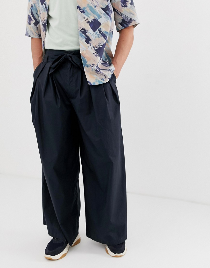 ASOS WHITE volume trousers in dark navy paper touch cotton