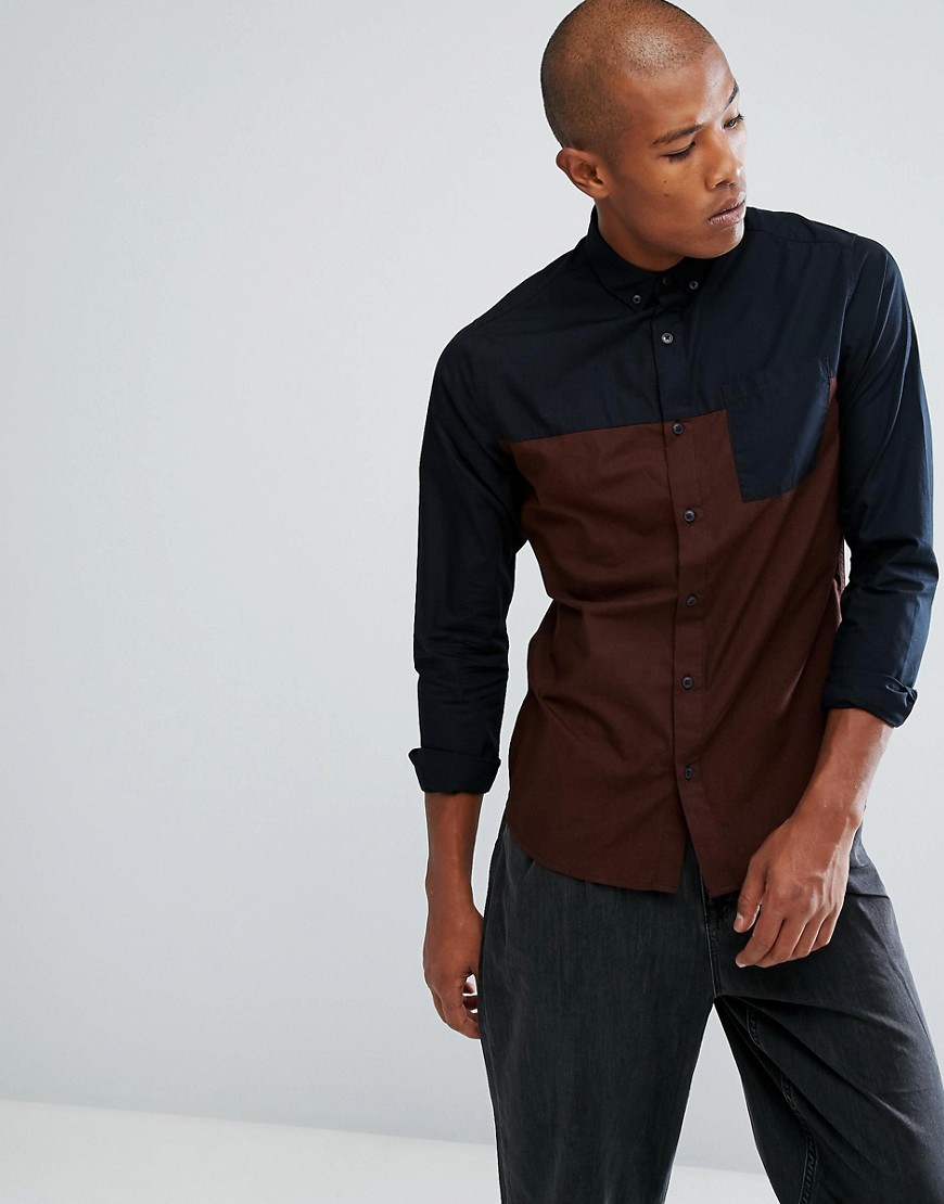 Troy Colour Block Button Down Shirt with Pocket - Black