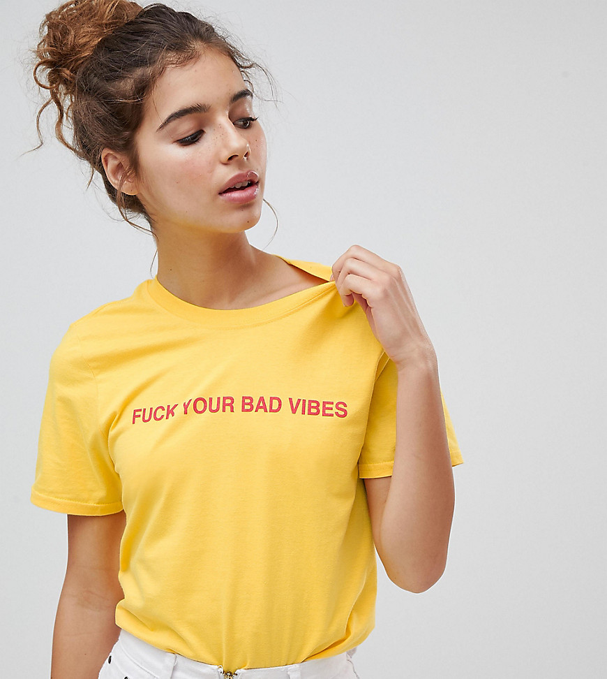 Adolescent Clothing T-Shirt With Fuck Your Bad Vibes Slogan - Yellow