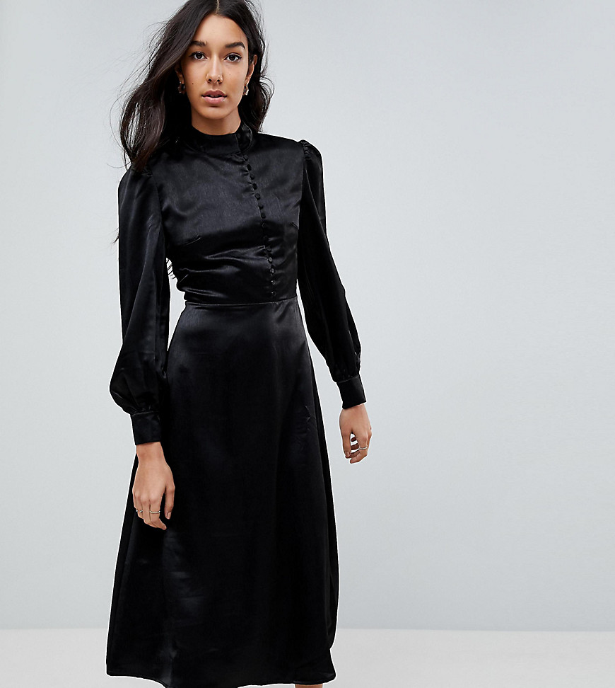Fashion Union Tall Midi Dress With High Neck And Button Detail - Black