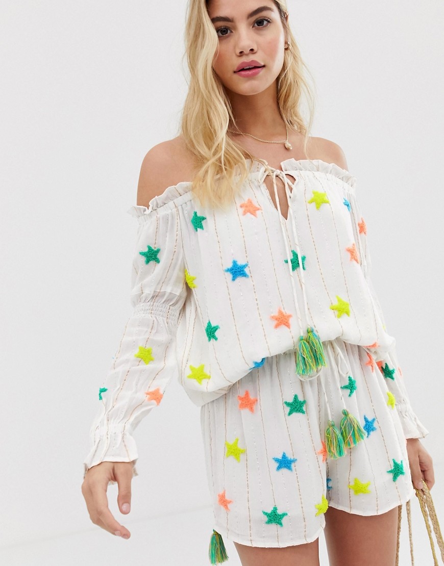 America & Beyond rainbow stars off-the-shoulder blouse co-ord beach top