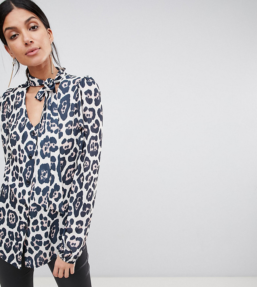 John Zack Tall Plunge Front Blouse With Neck Tie In Leopard