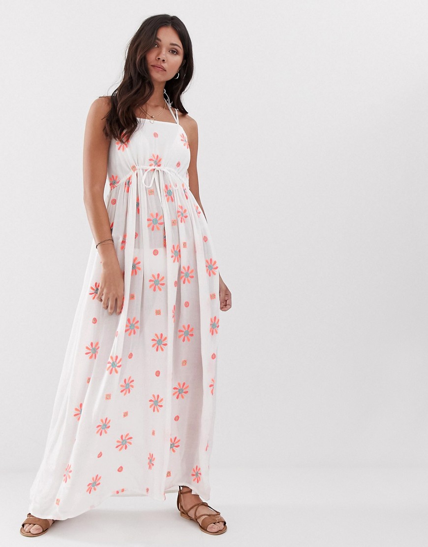 Anmol Floral Embroidered Maxi Beach Dress With Floral Embellishment