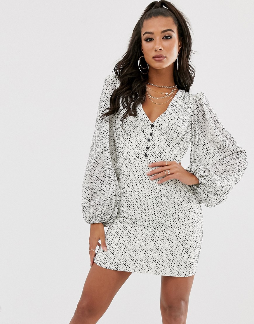 House Of Stars deep plunge mini dress with milk maid sleeves in flocked polka dot