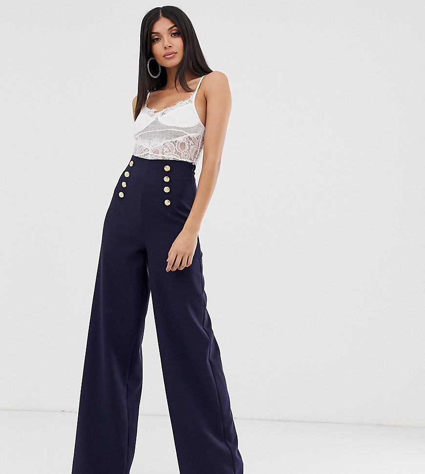 Flounce London Tall wide leg trousers with gold button detail in navy