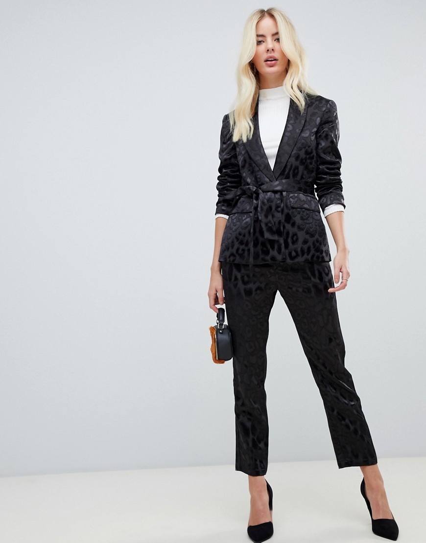 Fashion Union slim trousers in satin leopard co-ord - Black leopard