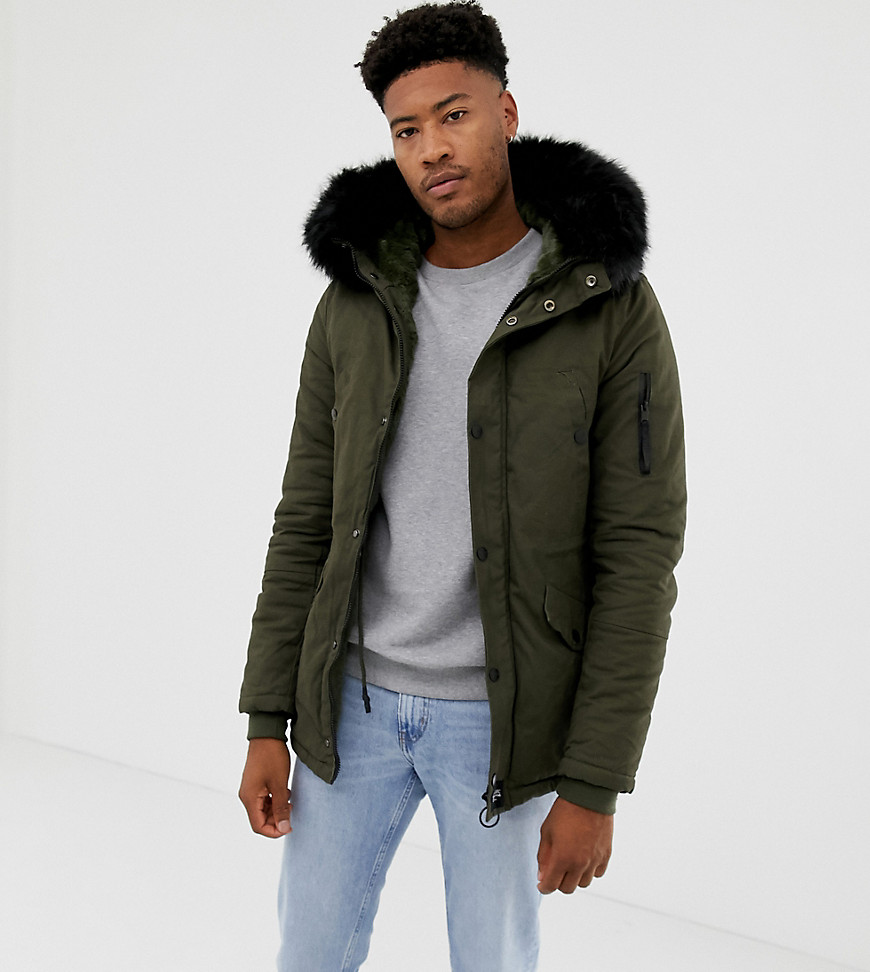 Sixth June parka coat in khaki with black faux fur hood exclusive to ASOS