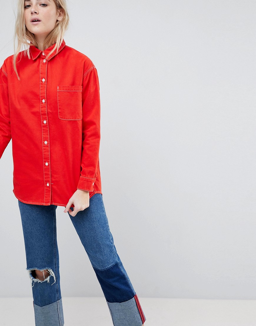 ASOS DESIGN denim oversized shacket in red with contrast stitch - Red