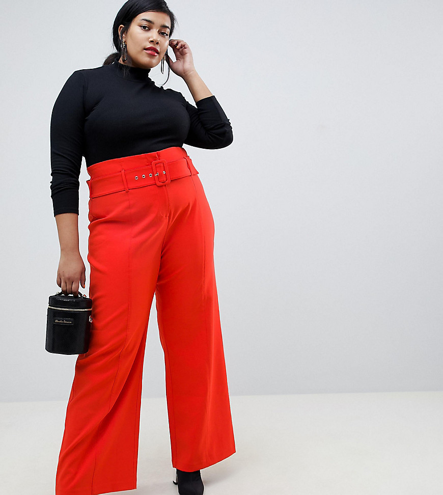 Lost Ink Plus Straight Leg Trousers With Belted Waist