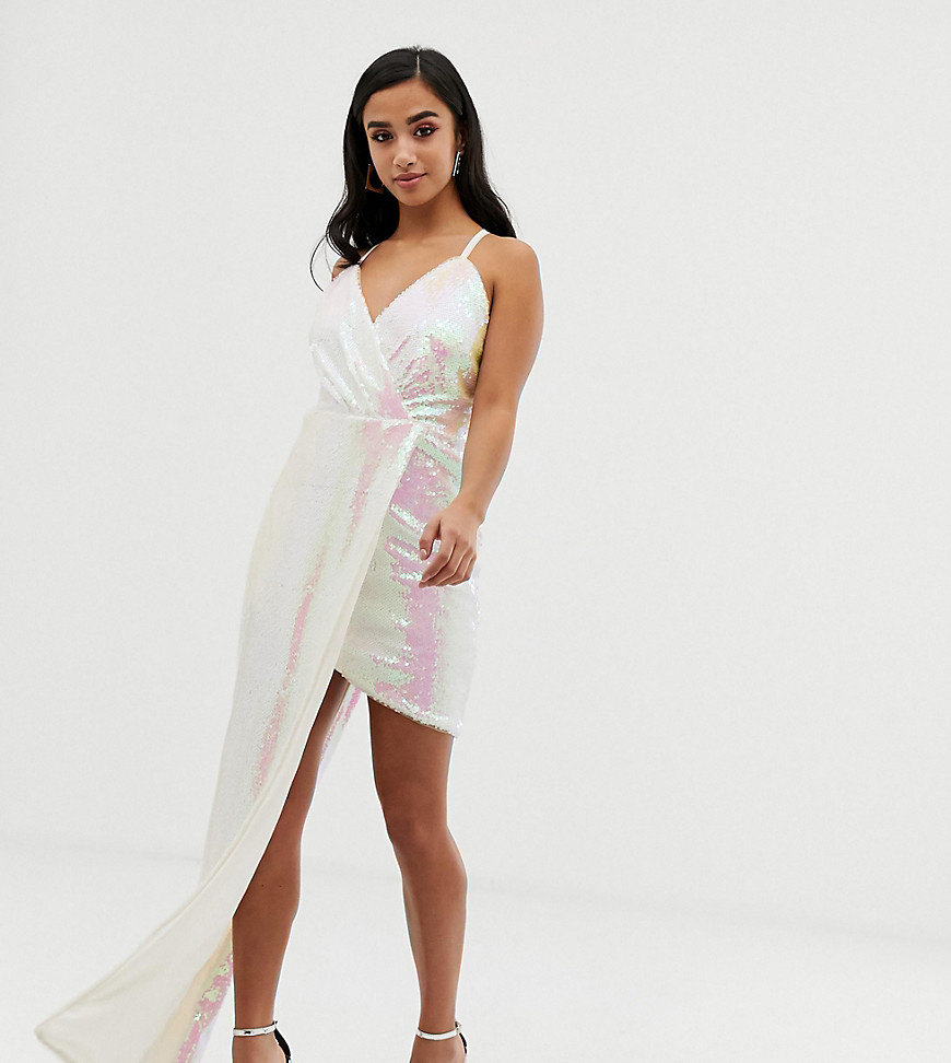 TFNC Petite super mini dress with asymmetric hem in white iridescent
