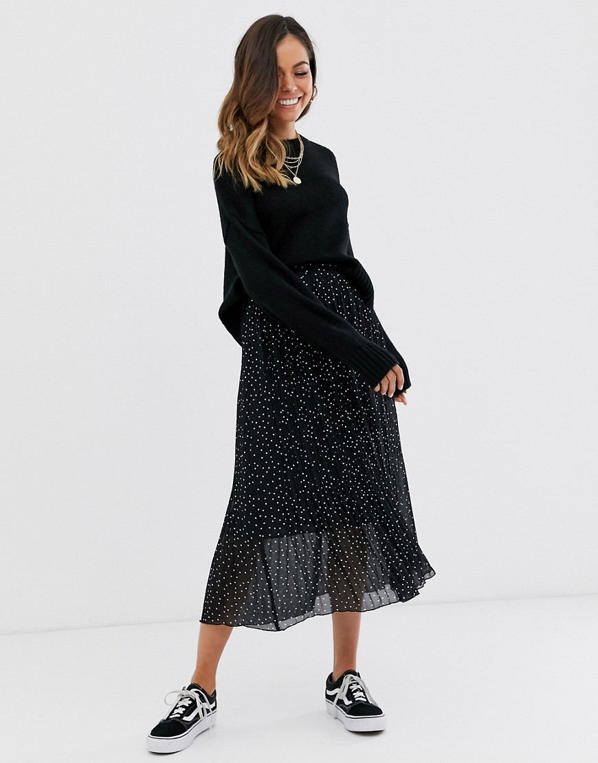 New Look Pleated Midi Skirt In Black Polka Dot