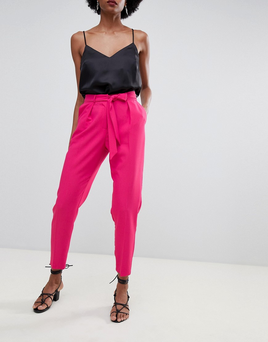 Oasis tapered trousers with tie waist in bright pink