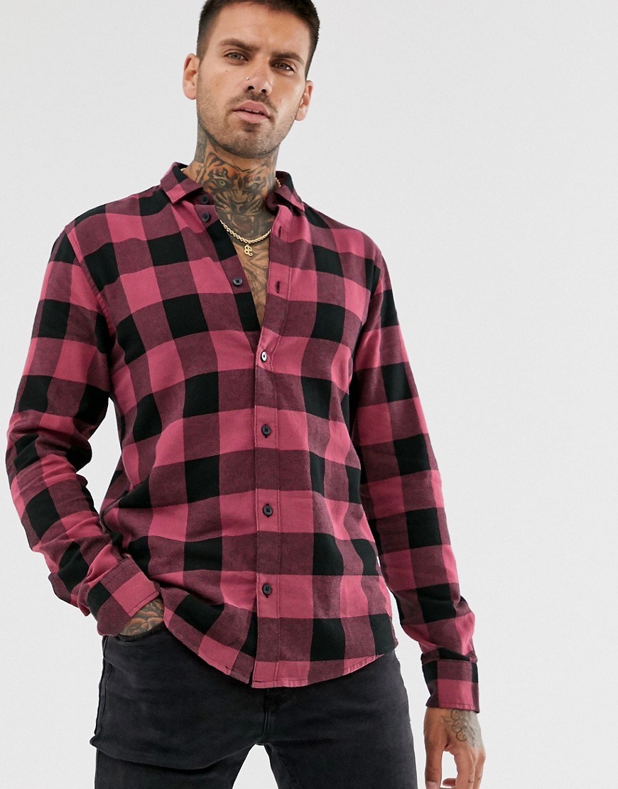 Only & Sons slim shirt in burgundy brushed check cotton