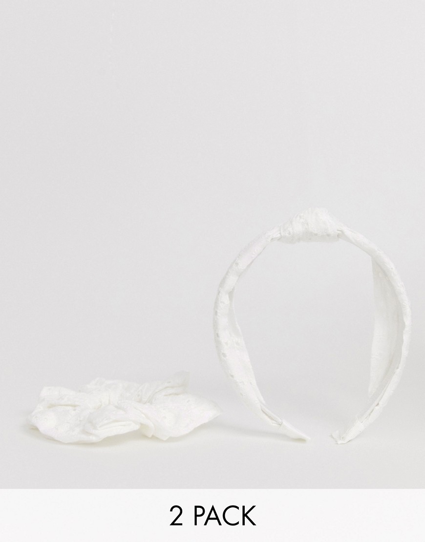 New Look 2 pack broderie headband and scrunchie in white