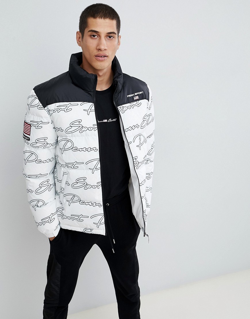 Penn Sport puffer jacket in white with all over logo print