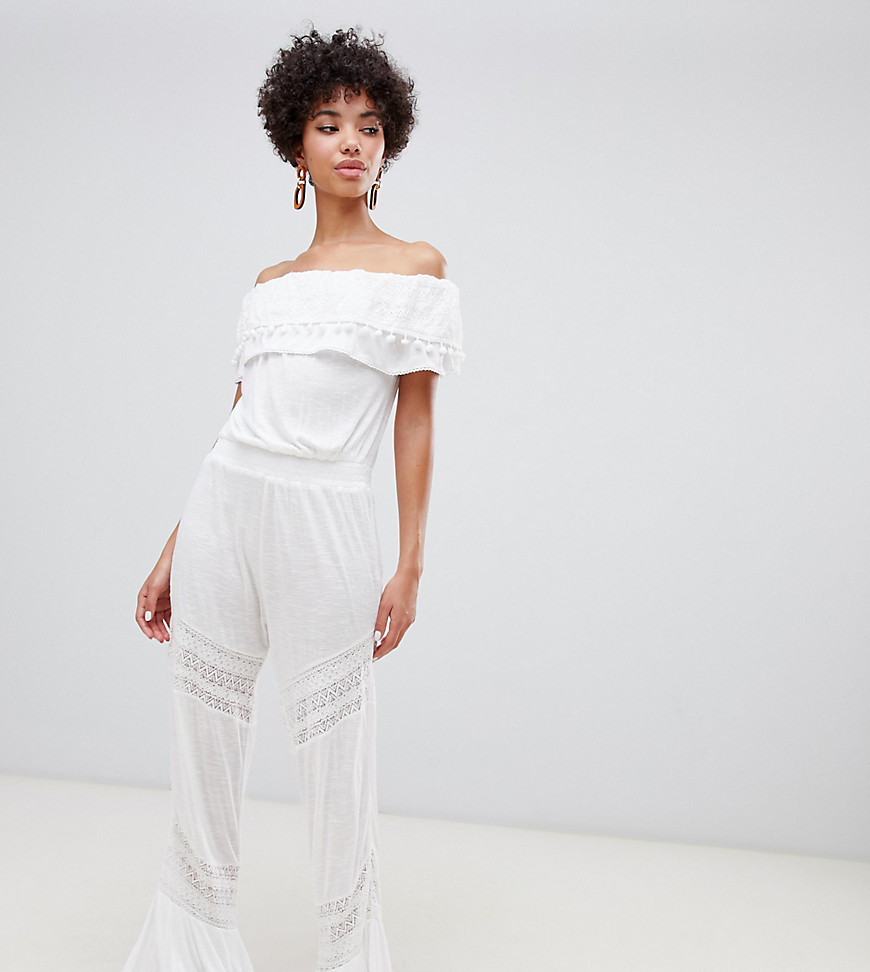 River Island bardot beach jumpsuit with frill detail in white