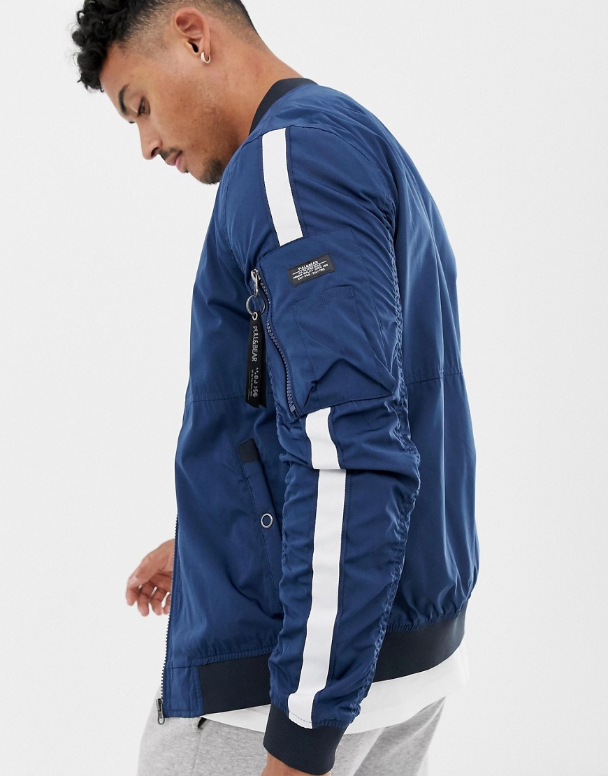 Pull&Bear bomber jacket in navy with side stripe - Navy blue