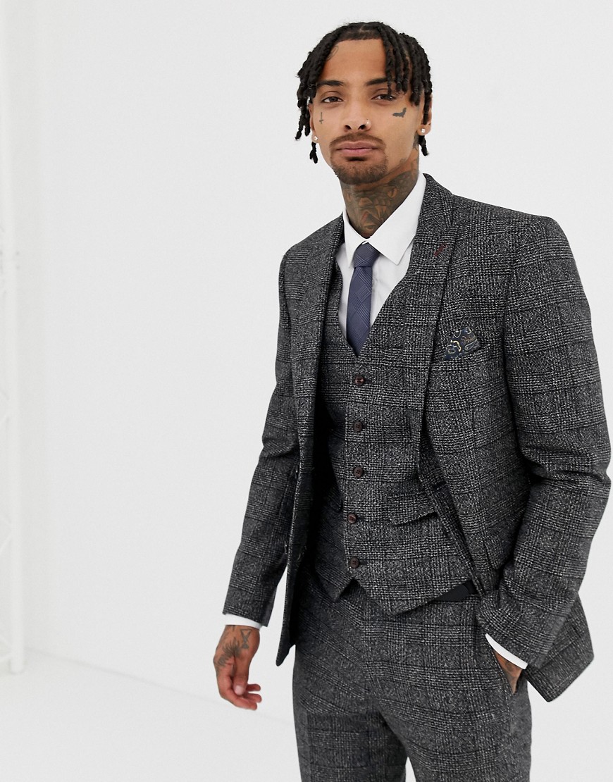 Harry Brown Textured Slim Fit Grey Check Suit Jacket
