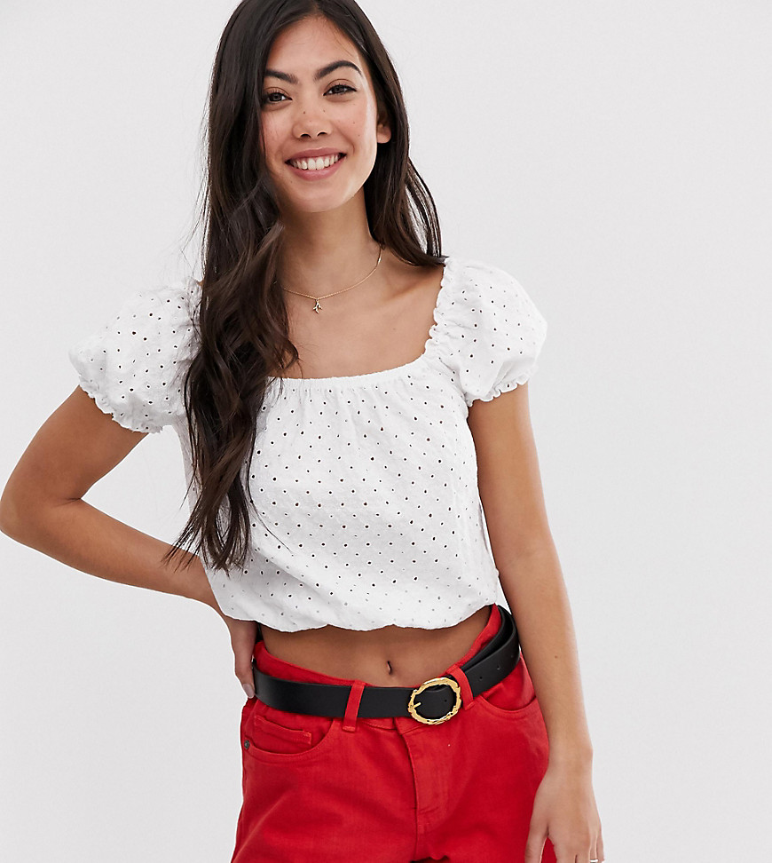 New Look Petite broderie square neck top in white