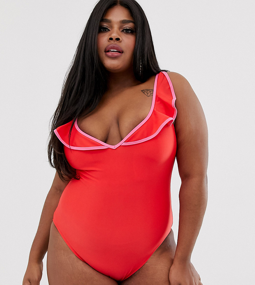 Brave Soul Plus plunge neck swimsuit with frill