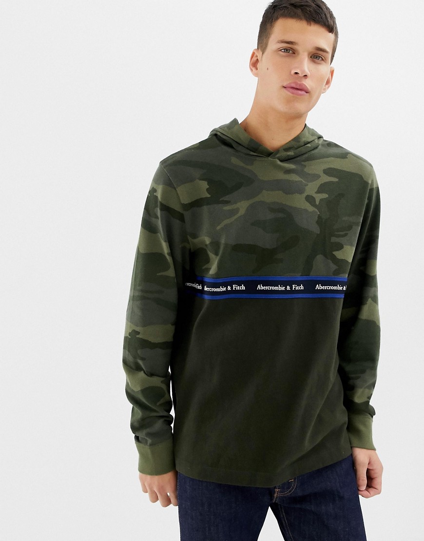 Abercrombie & Fitch camo colourblock chest logo tape hoodie in green