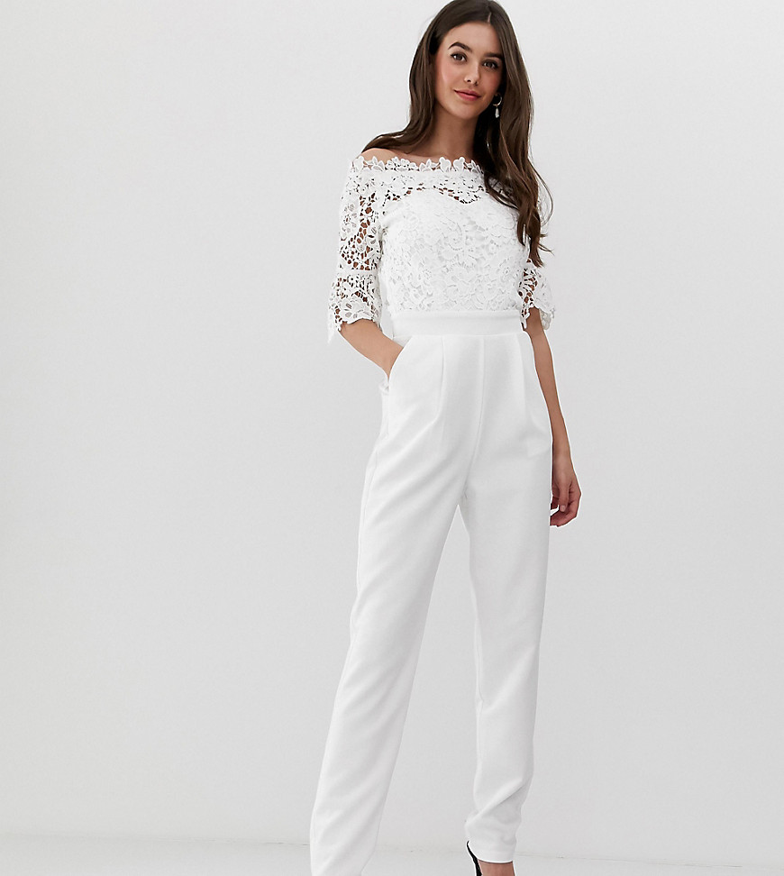 Paper Dolls Tall bardot cutwork lace tailored jumpsuit in white